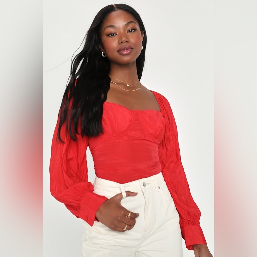 *LULUS* Vibrant Red Impulse Bustier Blouse w/ Square Neckline Top NWT Size Small